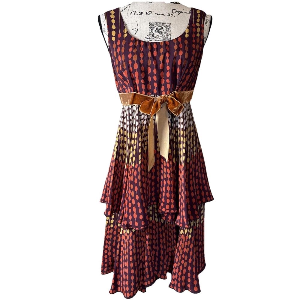 Anna Sui Made In USA Silk Ruffle Sleeveless Cocktail Dress Velvet Bow Multi Sz 4 - Picture 2 of 16